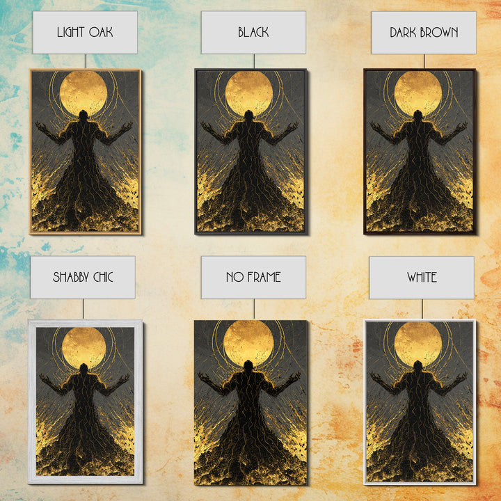Cosmic Ascension Canvas Gold Canvas Print, Abstract Silhouette Moon Art, Spiritual Mythology Decor With Real Wood Frame