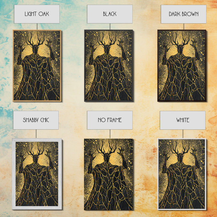 Antlered Mythical Deity Canvas Gold Canvas Print, Fantasy Abstract Wall Art, Mystical Surreal Figure, Real Wood Frame