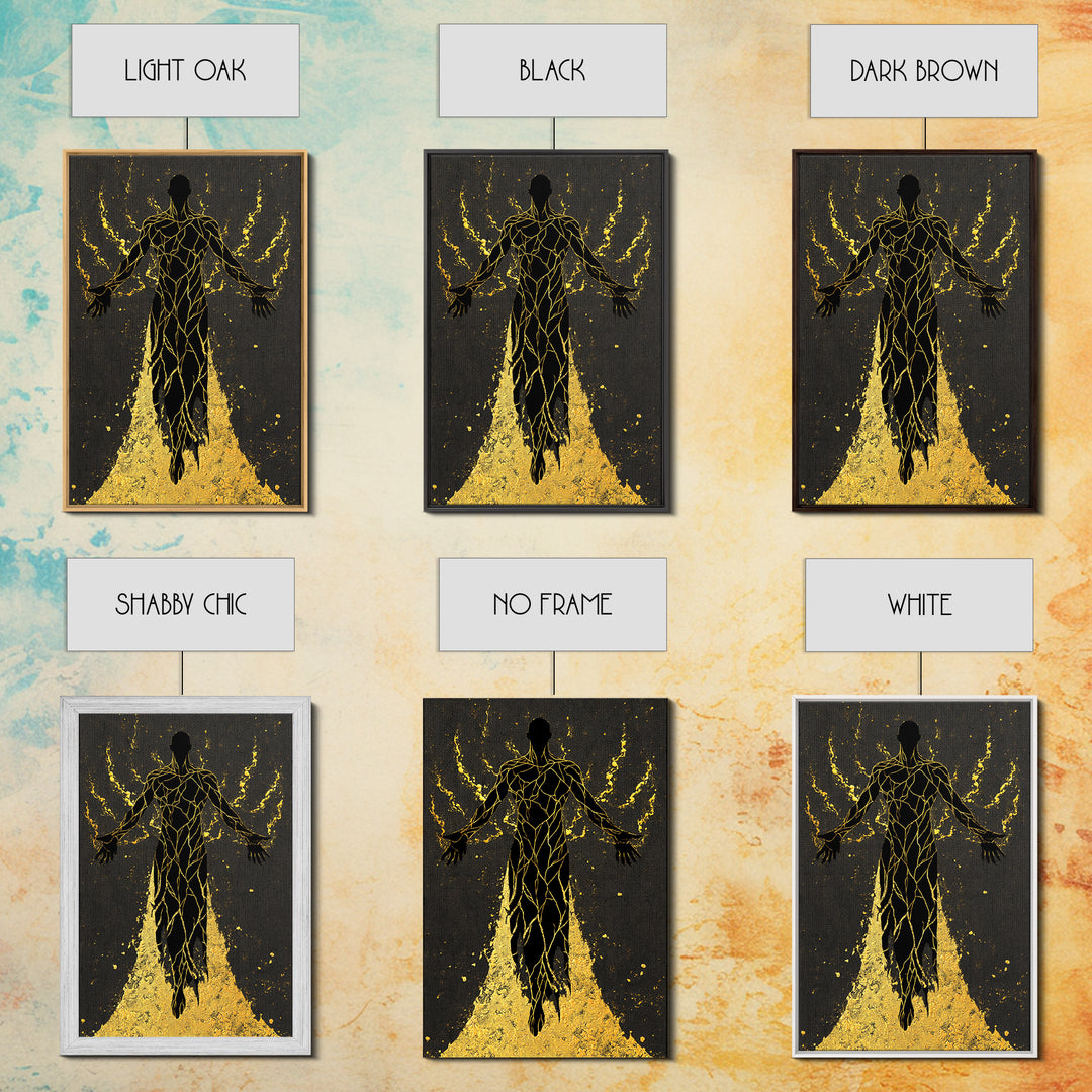 Radiant Ascension Canvas Gold Canvas Print, Mythological Abstract Silhouette, Celestial Fantasy Wall Art, Real Wood Frame