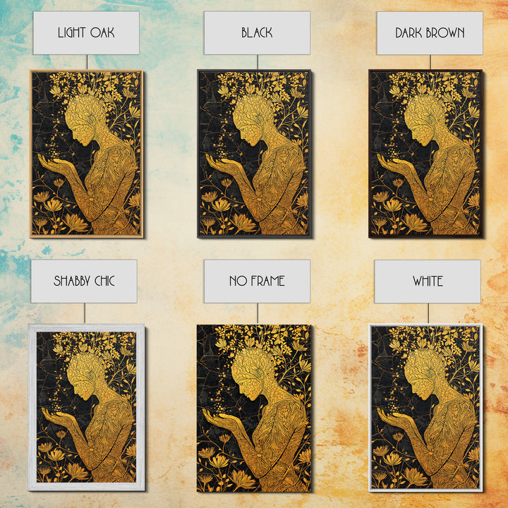 Floral Spirit Goddess Canvas Gold Canvas Print, Botanical Mythological Wall Art, Feminine Divine Decor, Real Wood Frame
