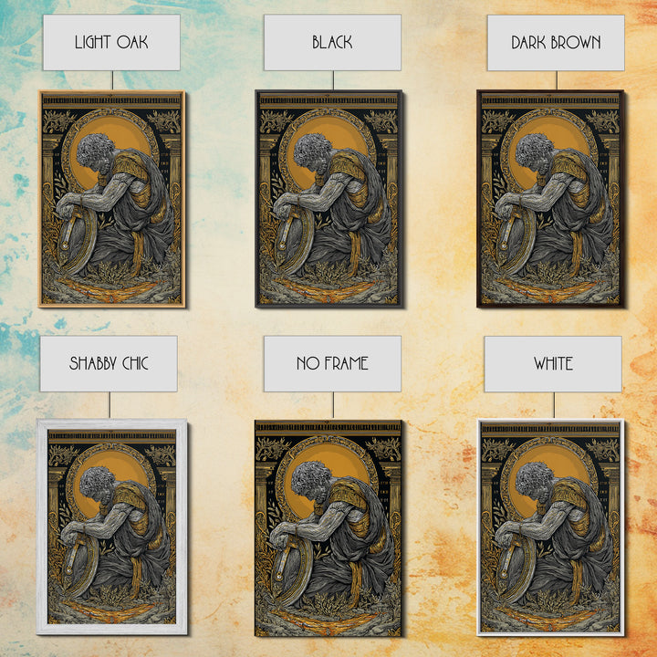 Kneeling Roman Soldier With Shield, Canvas Gold Art, Mythology Inspired Print, Ancient History Wall Decor, Real Wood Frame