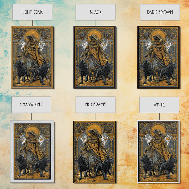 Hooded Deity With Wolves, Canvas Gold Canvas Print, Mythology Inspired Artwork, Ancient Symbolic Wall Decor, Real Wood Frame