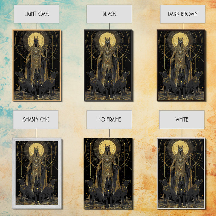 Anubis With Sacred Hounds, Canvas Gold Art, Mythology Inspired Canvas Print, Egyptian God Wall Artwork, Real Wood Frame