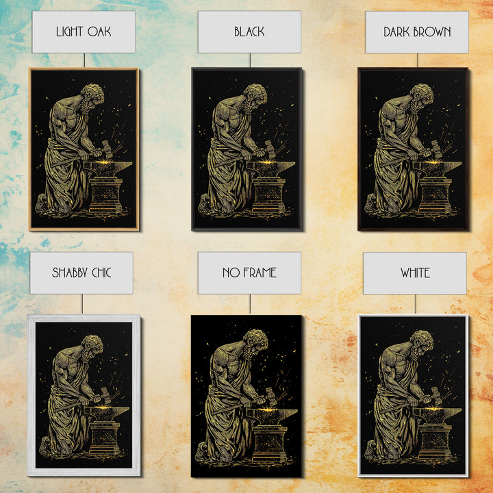 Hephaestus At Forge Canvas Gold Canvas Print, Greek God Blacksmith Art, Strong Mythology Wall Decor, Real Wood Frame
