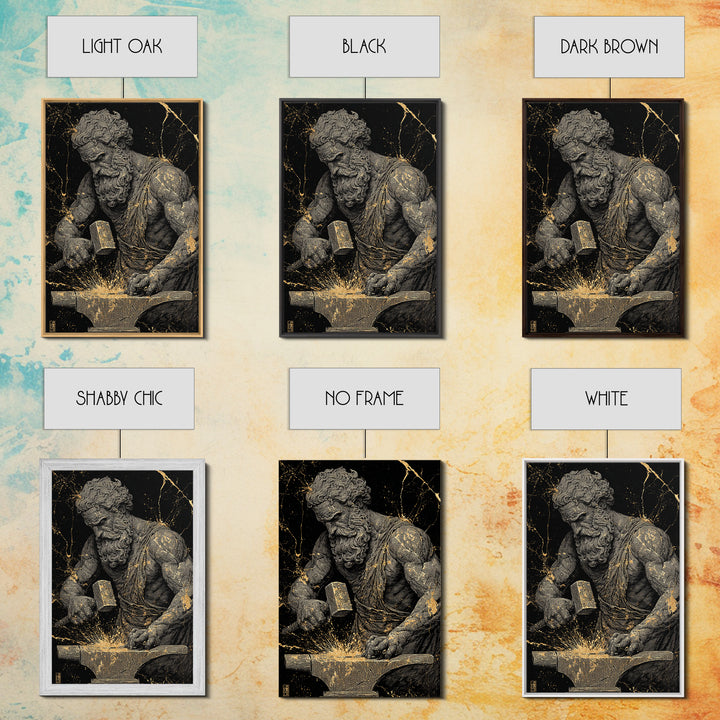 Greek God At Anvil Canvas Gold Canvas Print, Mythological Hephaestus Art, Classic Blacksmith Wall Decor, Real Wood Frame