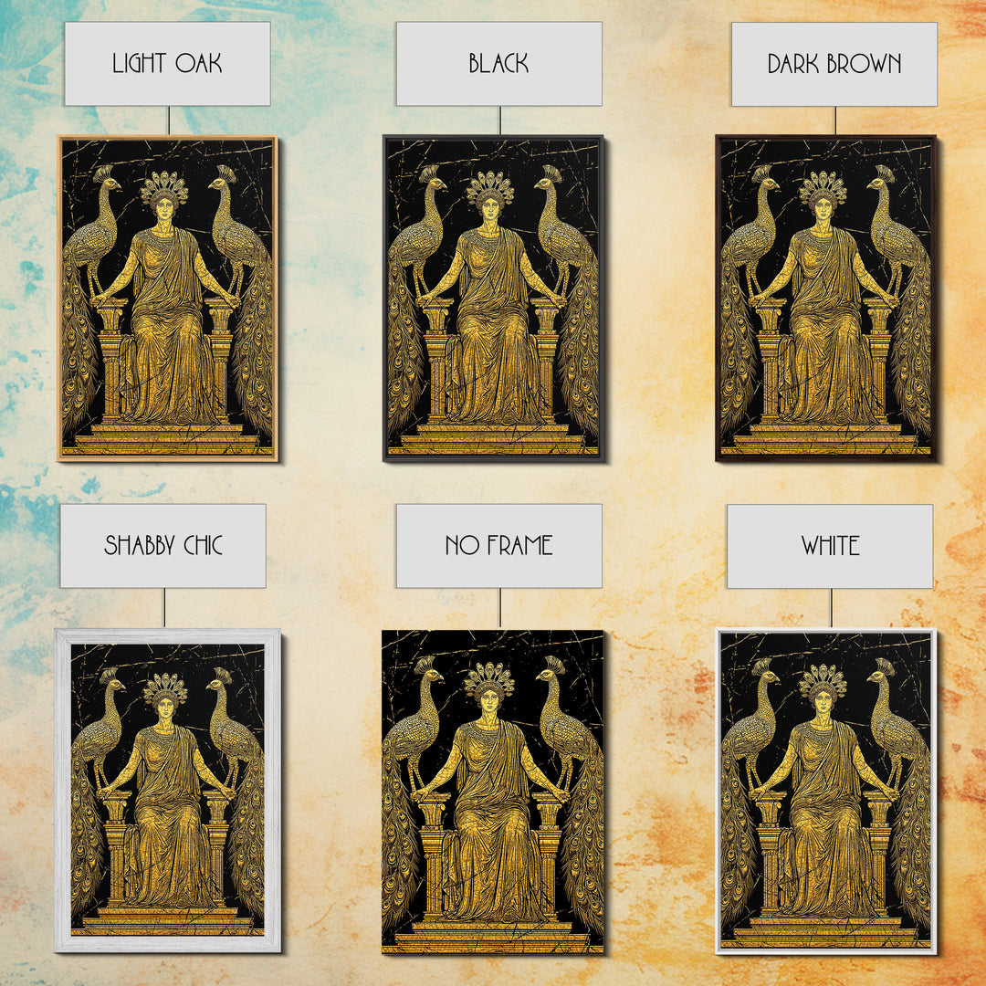 Greek Goddess Hera With Peacocks Canvas Gold Canvas Print, Mythology Wall Art, Luxury Wood Framed Art Decor