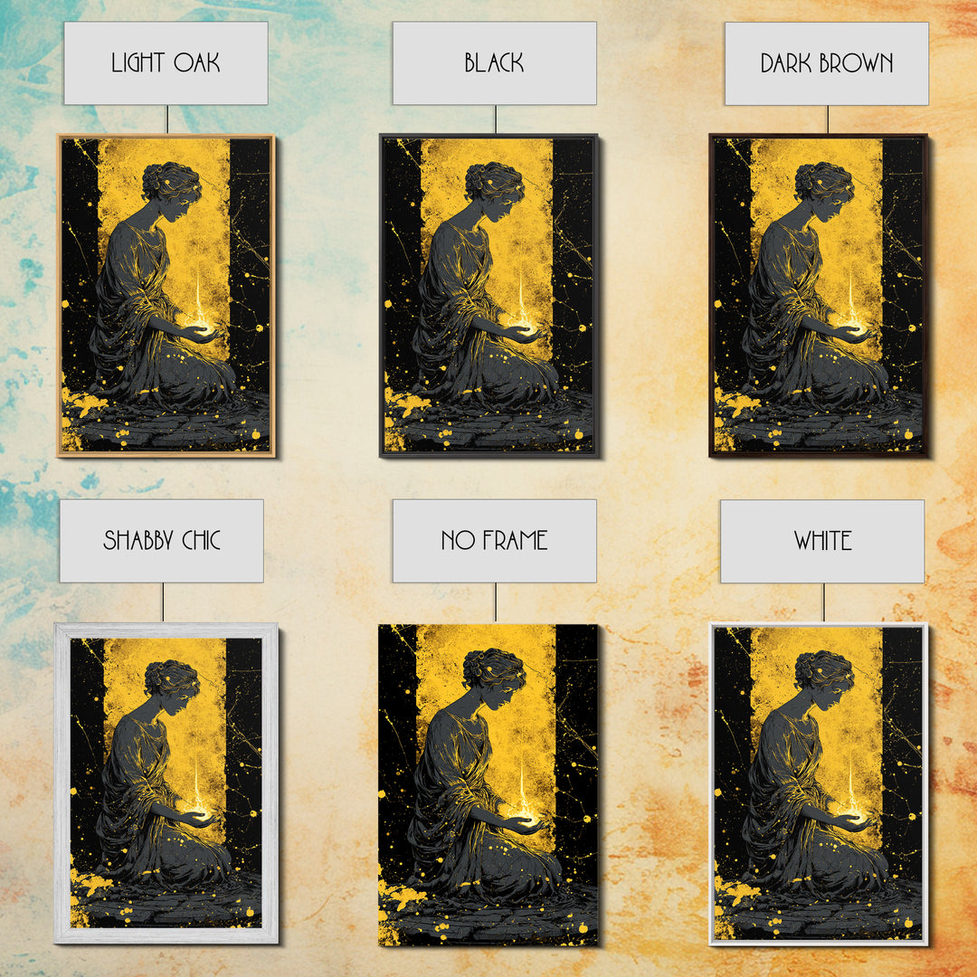 Greek Goddess Hestia With Flame Canvas Gold Canvas Print, Ancient Mythology Wall Art, Real Wood Frame Home Decor