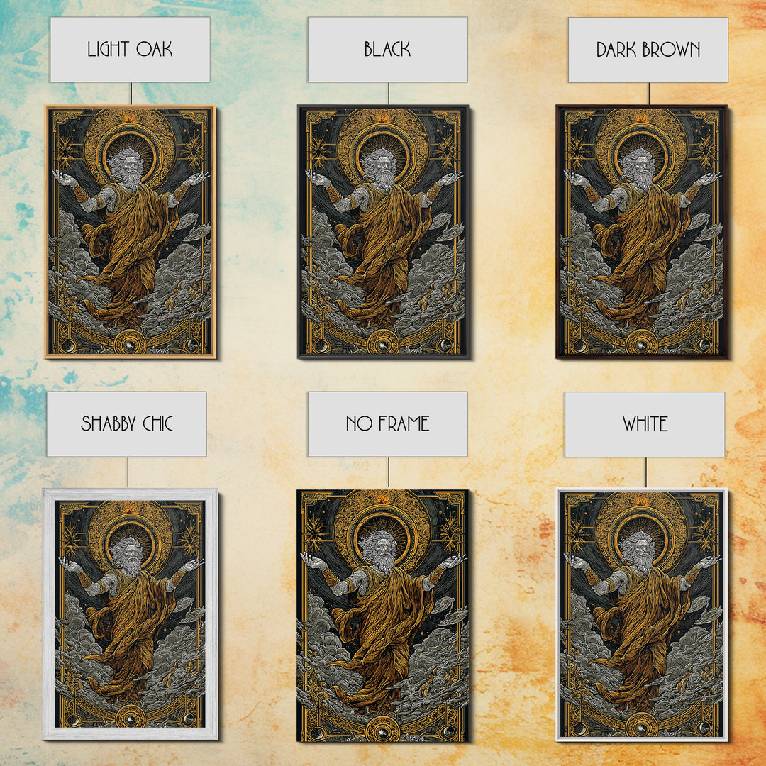 Canvas Gold Canvas Print, Ancient God Ascension Art, Mythology Divine Figure Wall Decor, Celestial Power Artwork, Real Wood Frame