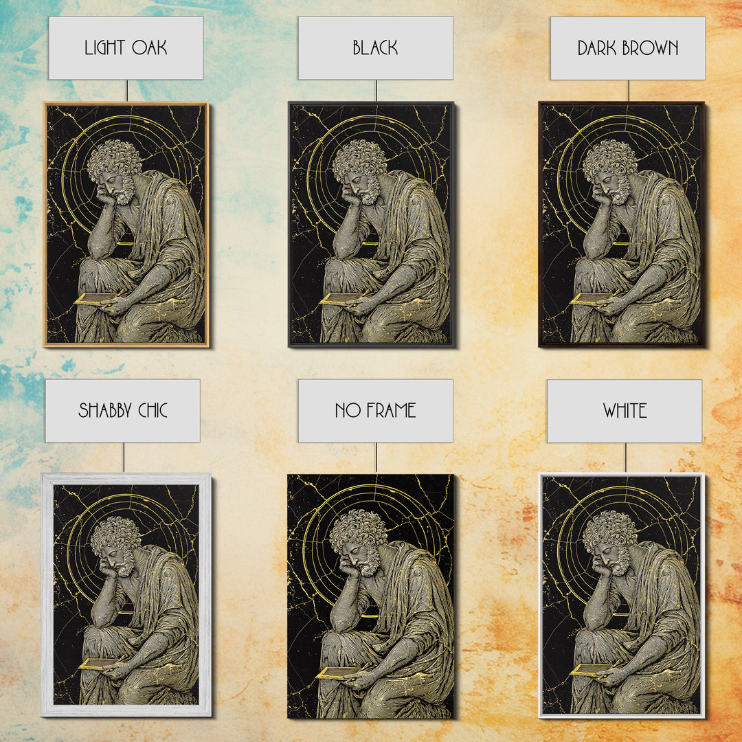 Canvas Gold Canvas Print, Stoic Philosopher Sitting Art, Ancient Thinker Wall Decor, Roman Wisdom Artwork, Real Wood Frame