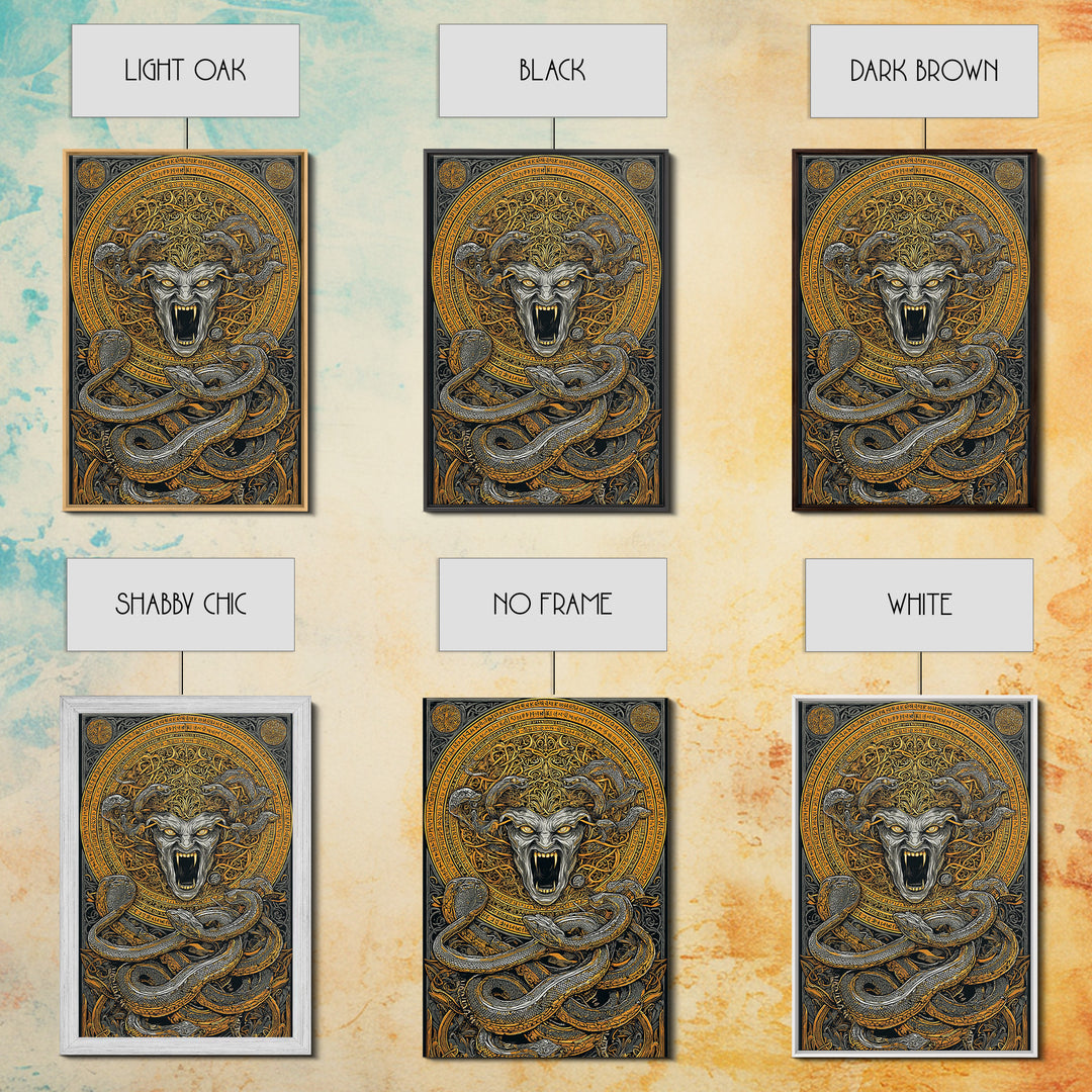 Medusa Serpent Canvas Gold Canvas Print, Mythology Wall Art, Fierce Gorgon Decor, Greek Goddess Inspired Artwork, Real Wood Frame