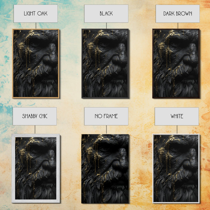 Abstract Mythological Face, Golden Tears Design, Canvas Gold Canvas Print, Textured Wall Art, Real Wood Frame, Dramatic Statement