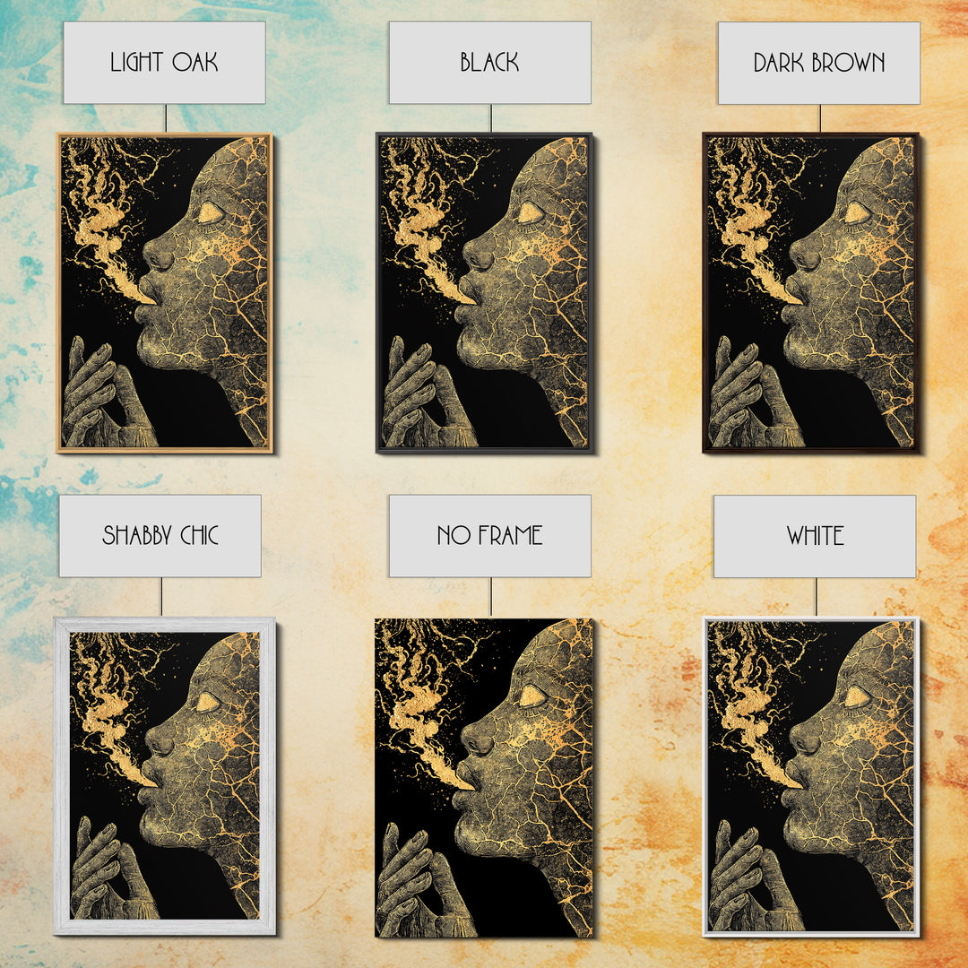 Mystical Goddess Face Exhaling Spirit, Surreal Mythology, Canvas Gold Canvas Print, Spiritual Wall Art, Real Wood Frame, Dreamlike