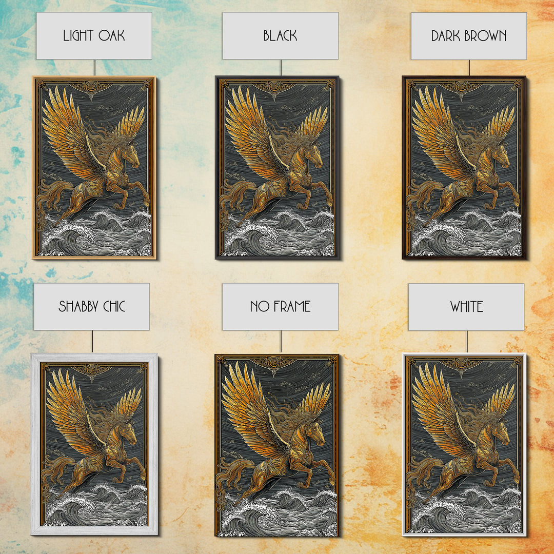 Pegasus Flying Above Waves, Mythical Winged Horse Art, Canvas Gold Art, Greek Mythology Wall Print, Real Wood Frame, Heroic Statement