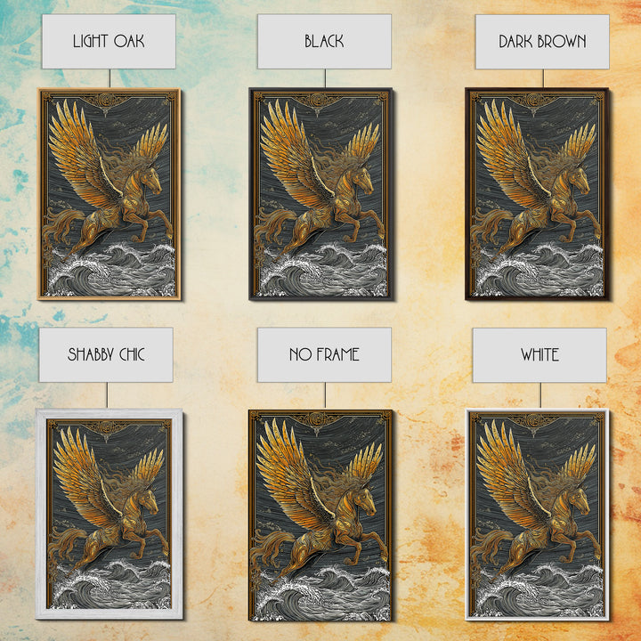 Pegasus Flying Above Waves, Mythical Winged Horse Art, Canvas Gold Art, Greek Mythology Wall Print, Real Wood Frame, Heroic Statement