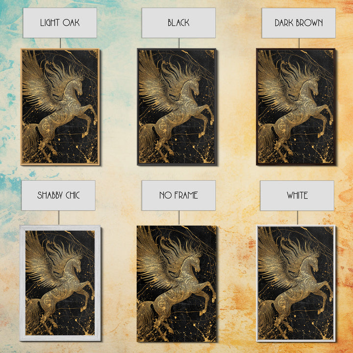 Abstract Pegasus Canvas Gold Art, Mythology Wall Print, Unique Equine Design, Real Wood Framed Modern Mythical Artwork