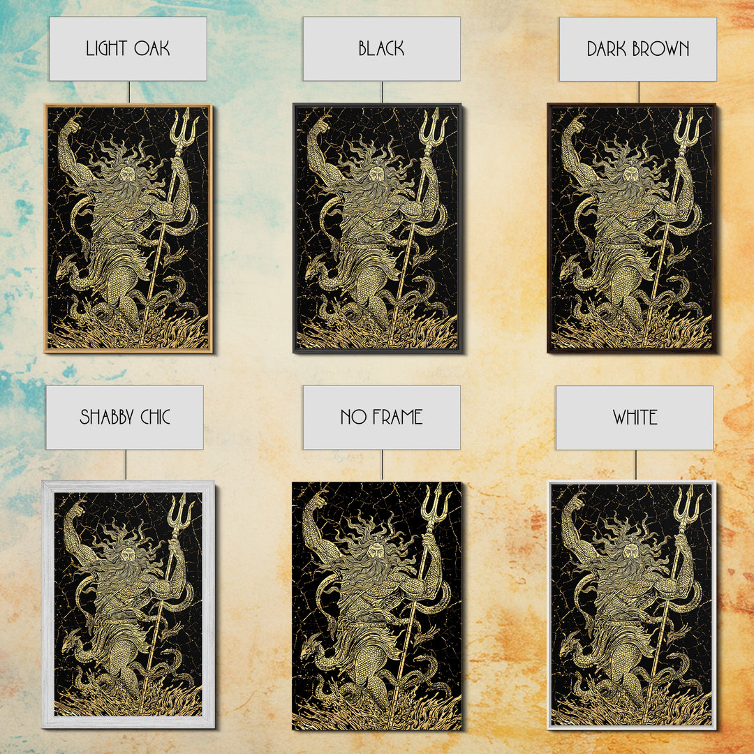 Poseidon Sea God With Serpent Canvas Gold Canvas Print, Ocean Deity With Trident Canvas Gold Art, Real Wood Frame Mythological Decor