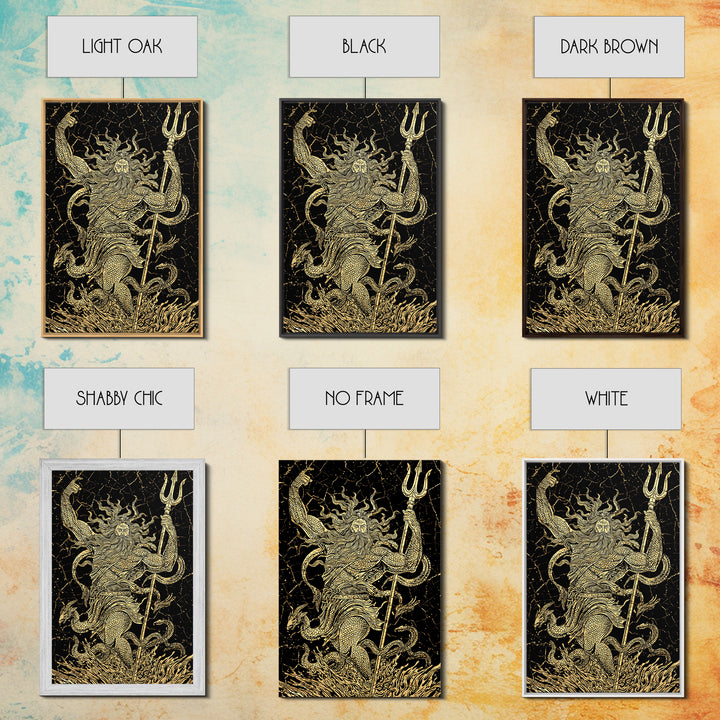 Poseidon Sea God With Serpent Canvas Gold Canvas Print, Ocean Deity With Trident Canvas Gold Art, Real Wood Frame Mythological Decor