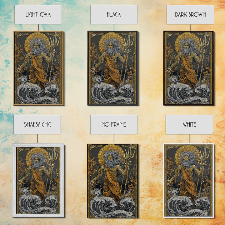 Poseidon Ocean God With Trident Canvas Gold Canvas Print, Mythical Sea Deity Canvas Gold Art, Real Wood Frame Mythology Wall Art
