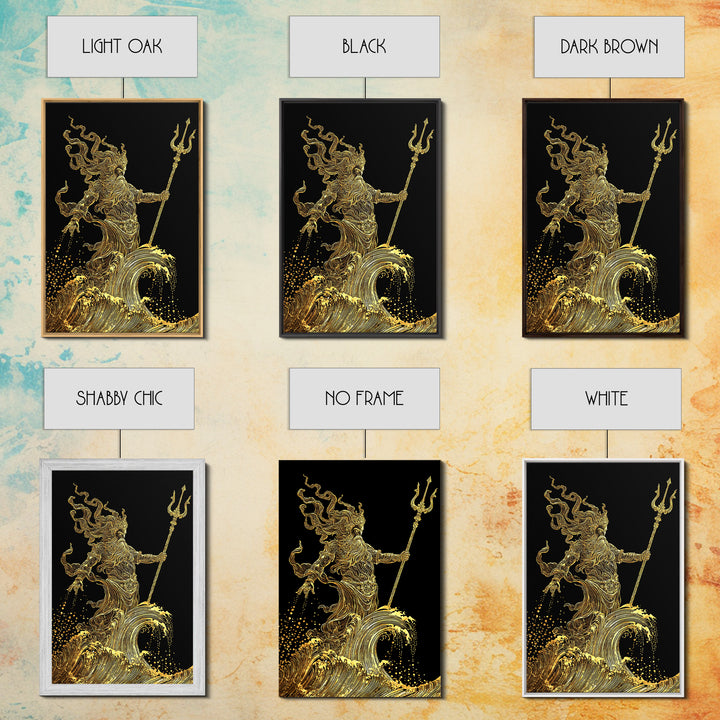 Poseidon Sea God Statue Canvas Gold Canvas Print, Ocean Deity With Waves Canvas Gold Art, Real Wood Frame Classical Mythology Decor