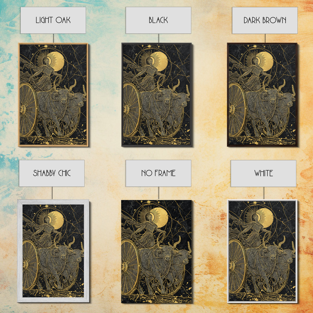 Selene Chariot Canvas Gold Canvas Print, Moon Goddess Art, Real Wood Frame, Mythology Decor, Celestial Canvas Artwork