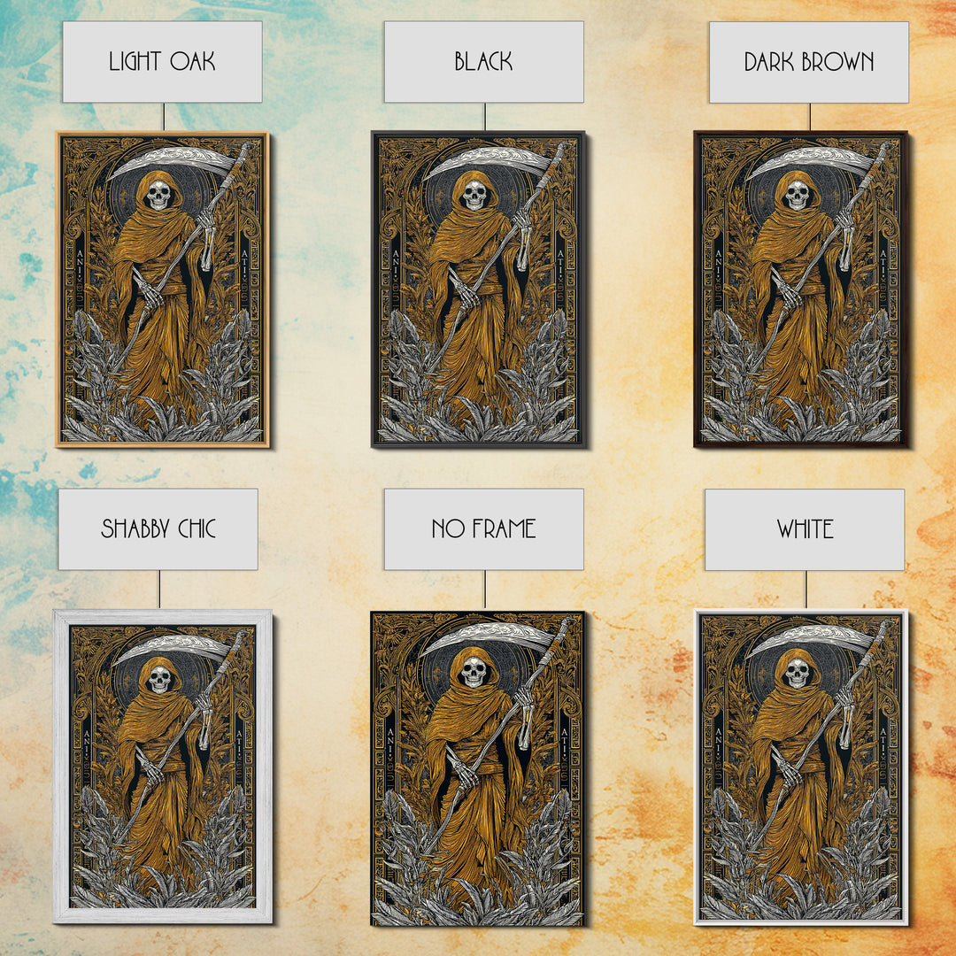 Hooded Skeleton Canvas Gold Canvas Print, Grim Reaper Gothic Wall Art, Dark Mythology Artwork, Real Wood Frame, Unique Decor