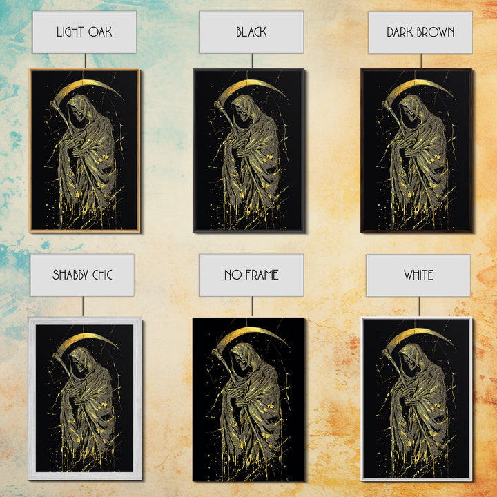 Skeleton With Scythe Canvas Gold Canvas Print, Gothic Mythology Artwork, Grim Reaper Wall Art, Real Wood Frame, Macabre Decor