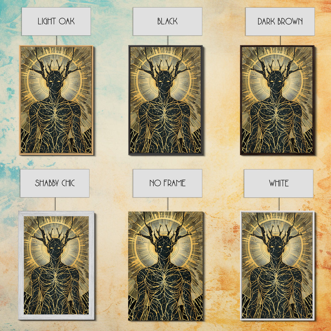 Mythic Antlered Deity, Canvas Gold Canvas Print, Cosmic Inspired Wall Art, Real Wood Frame For Elegant Decor