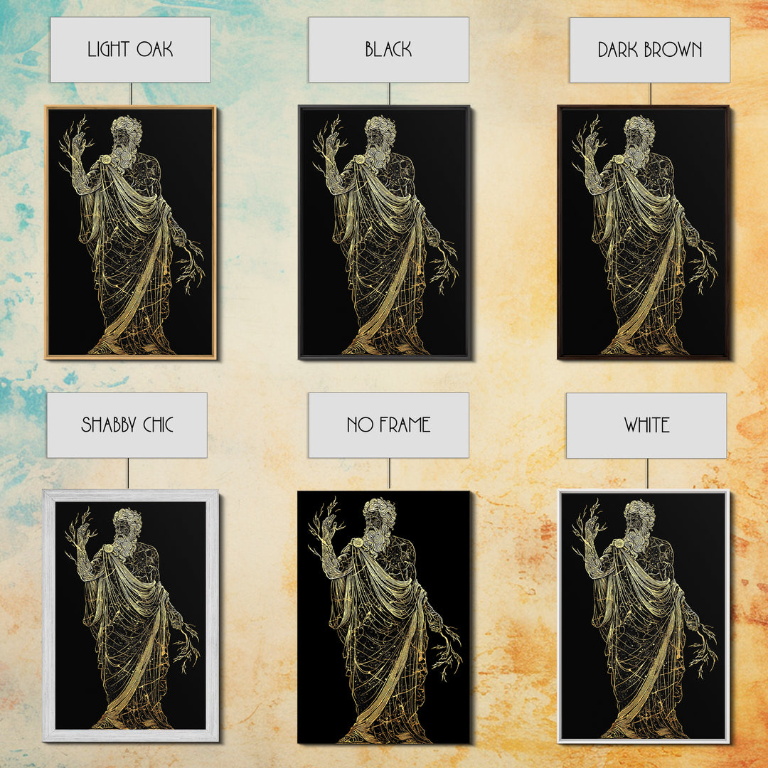 Greek God Canvas Gold Art, Zeus Mythology Wall Print, Lightning Power Decor, Luxury Canvas Artwork, Real Wood Frame