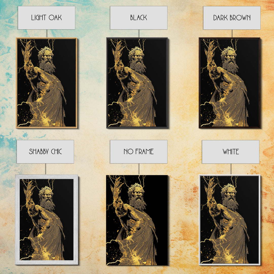 Heavenly Ruler Canvas Gold Canvas Print, Zeus Divine Wall Art, Lightning God Decor, Luxury Mythology Artwork, Real Wood Frame