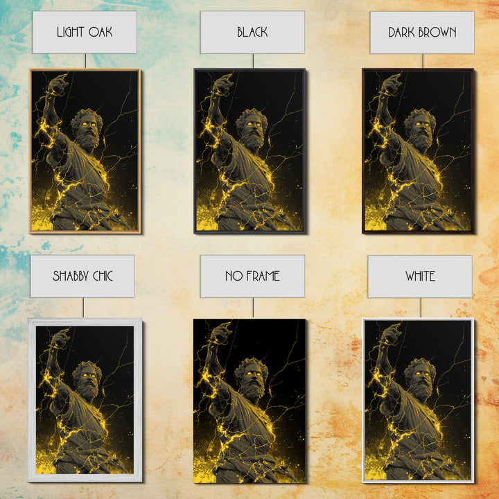 Lightning God Canvas Gold Art, Powerful Zeus Wall Print, Mythology Inspired Decor, Ancient Greek Canvas Artwork, Real Wood Frame