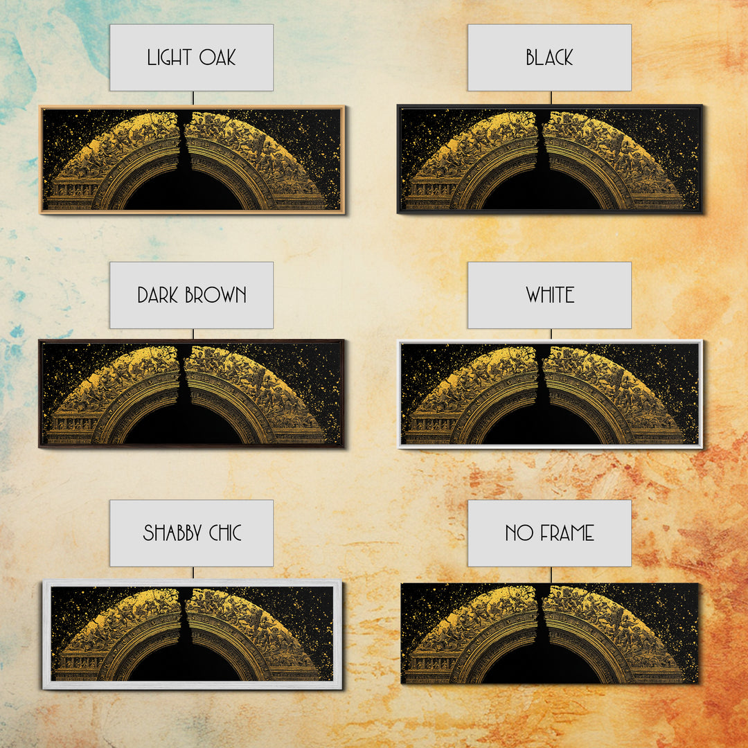 Golden Arch Of Mythology, Classical Greek Relief Sculpture Wall Decor, Gold Canvas Print, Real Wood Frame