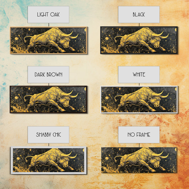 Charging Bull Artwork, Mythical Strength And Power Wall Decor, Gold Canvas Print, Real Wood Frame Art