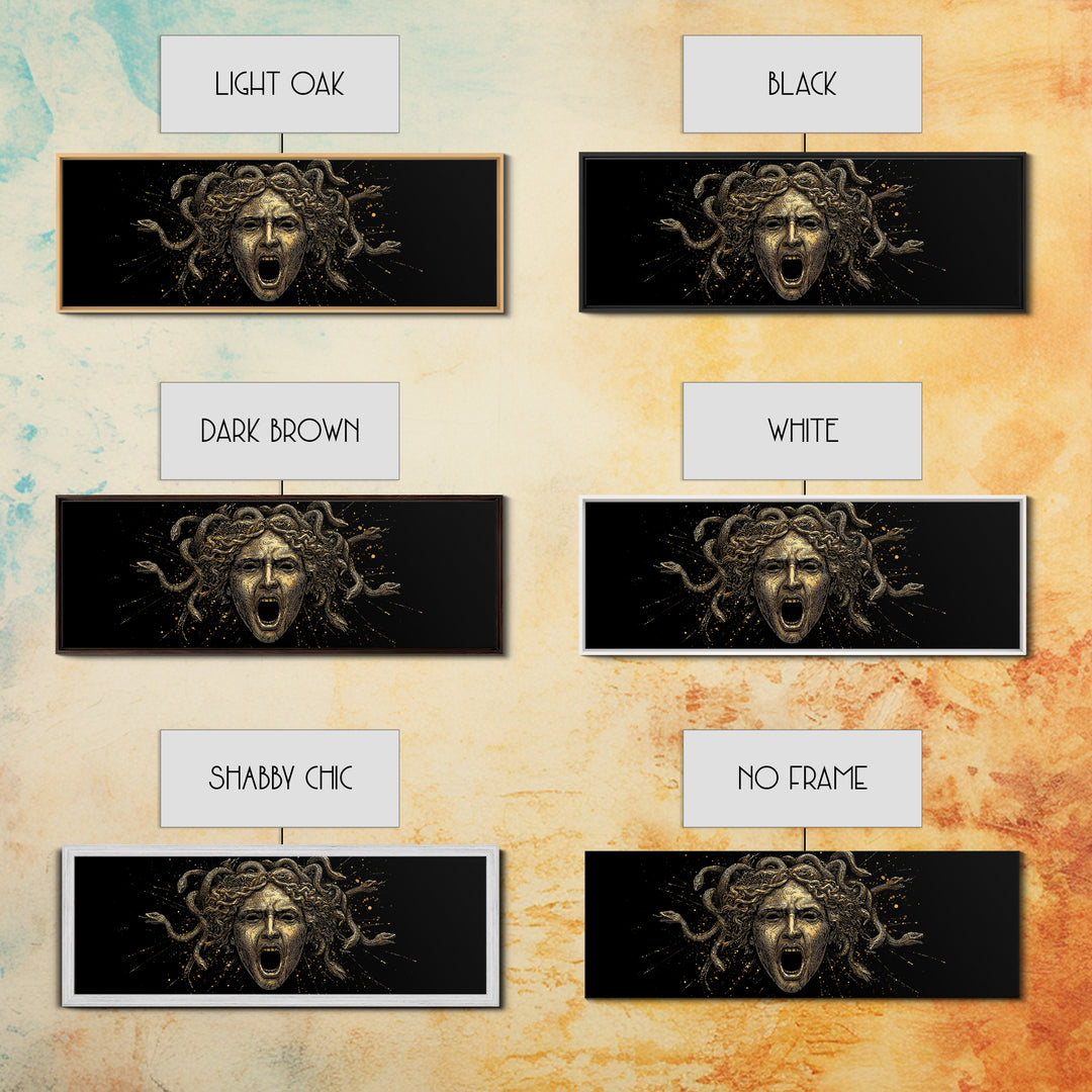 Medusa Head Gold Canvas Art, Greek Mythological Gorgon Wall Print, Snake Hair Woman Illustration, Real Wood Frame, Bold Luxury Decor