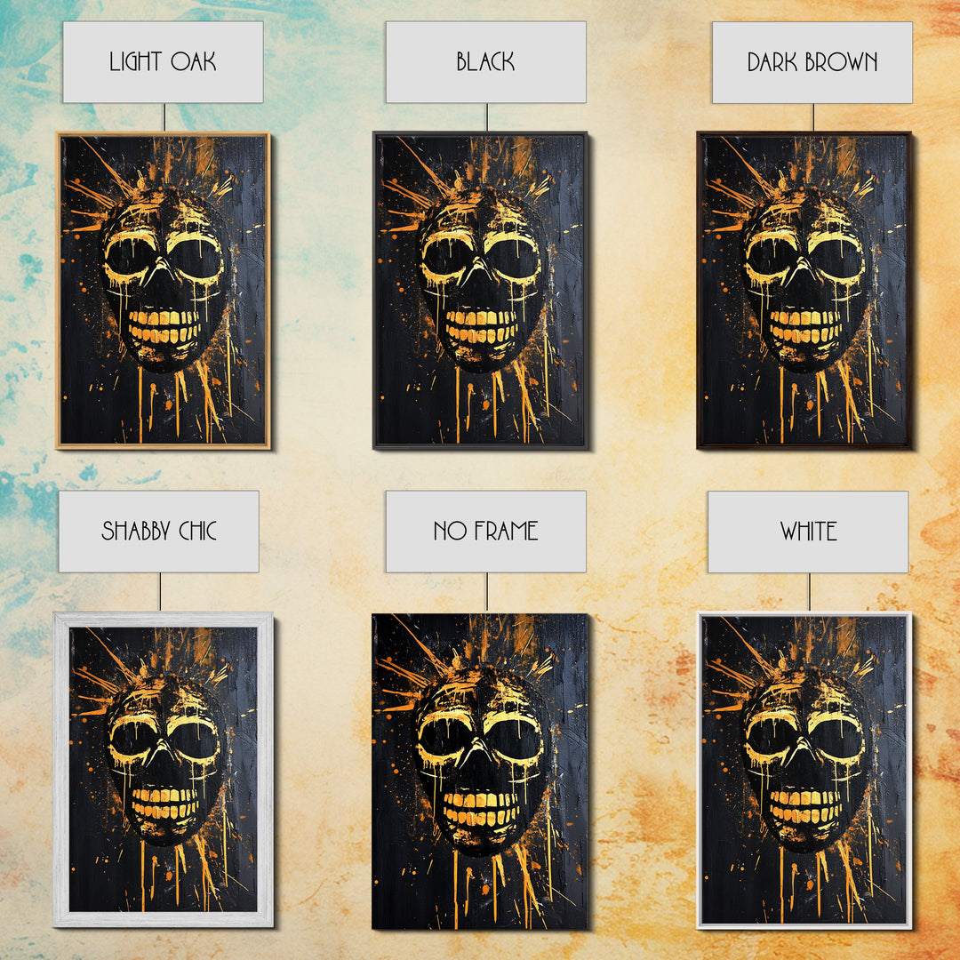 Golden Skull Mask Gold Canvas Print, Dark Gothic Face Art, Horror Splatter Wall Decor, Real Wood Frame