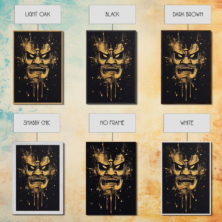 Samurai Oni Mask Gold Canvas Print, Japanese Demon Face Art, Splatter Ink Wall Decor, Real Wood Frame