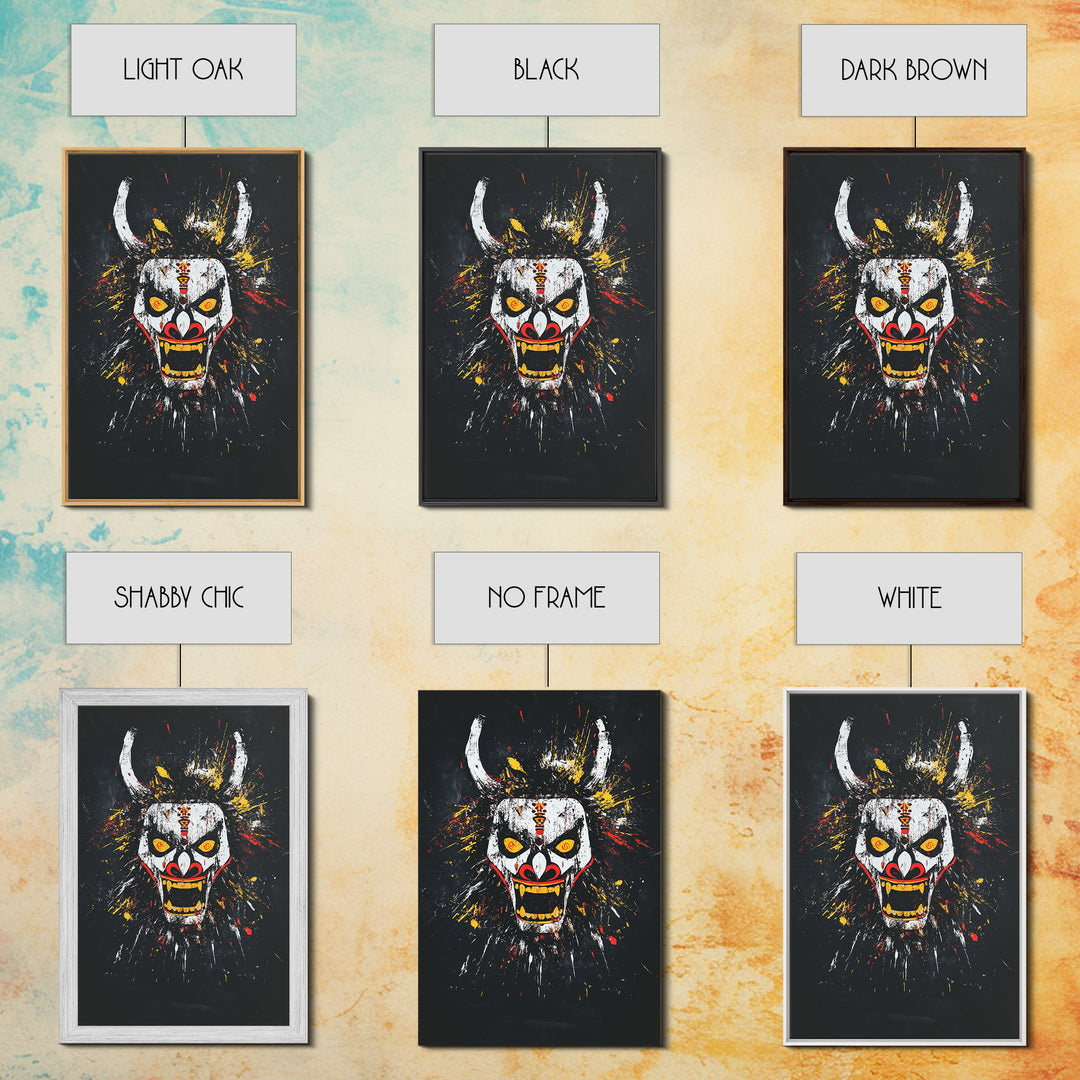Fiery Demon Mask Gold Canvas Print, Japanese Oni Face Art, Tribal Splatter Style Wall Decor, Real Wood Frame