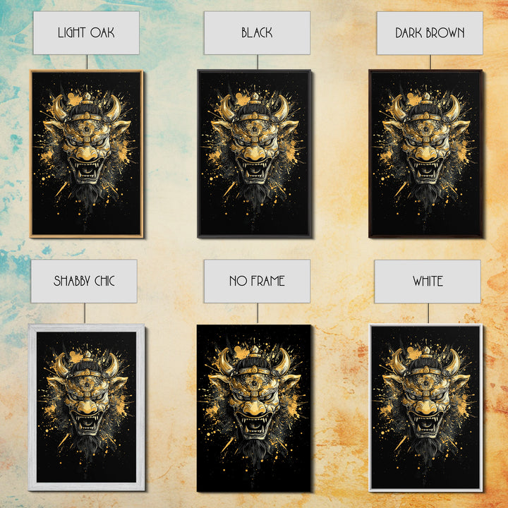Fierce Demon Mask Gold Canvas Print, Mythical Beast Face Art, Splatter Style Wall Decor, Real Wood Frame