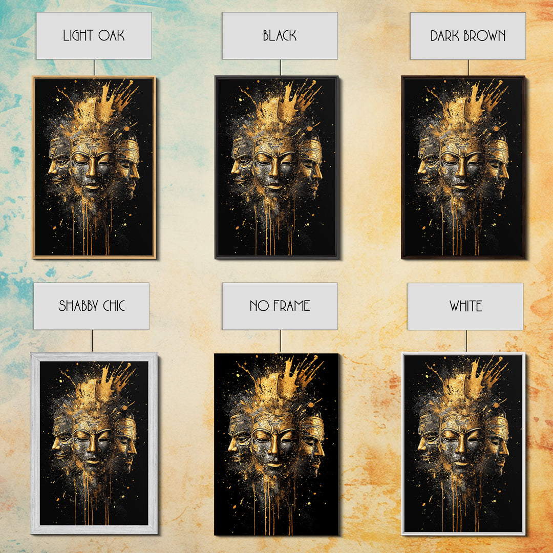 Three Faces Mask Gold Canvas Print, Abstract Spiritual Face Art, Splatter Style Wall Decor, Real Wood Frame