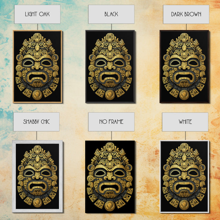 Aztec Feathered God Mask Gold Canvas Print, Ornate Tribal Face Artwork, Ancient Ethnic Wall Decor, Real Wood Frame