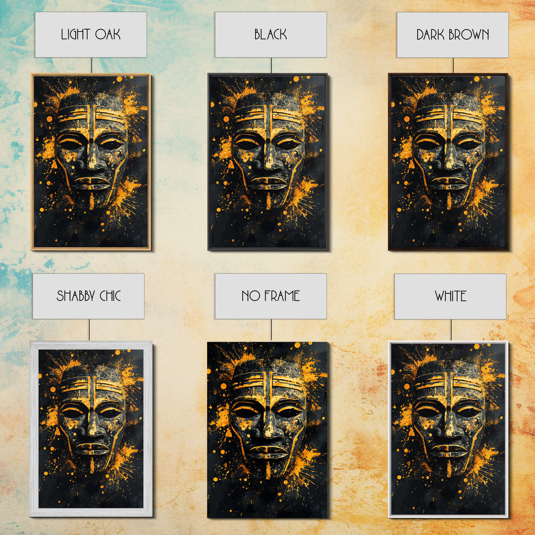 Bakongo Ritual Mask Gold Canvas Print, African Ethnic Face Art, Spiritual Tribal Wall Hanging Decor, Real Wood Frame
