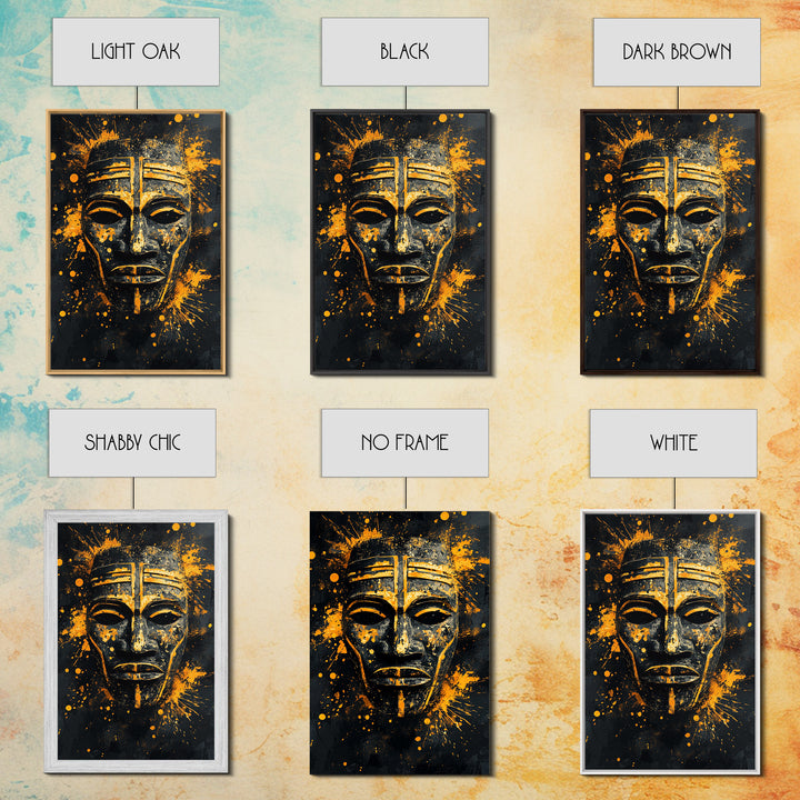 Bakongo Ritual Mask Gold Canvas Print, African Ethnic Face Art, Spiritual Tribal Wall Hanging Decor, Real Wood Frame