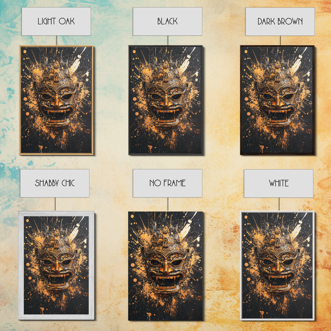 Balinese Demon Mask Gold Canvas Print, Ornate Tribal Face Art, Mythical Splatter Style Wall Decor, Real Wood Frame