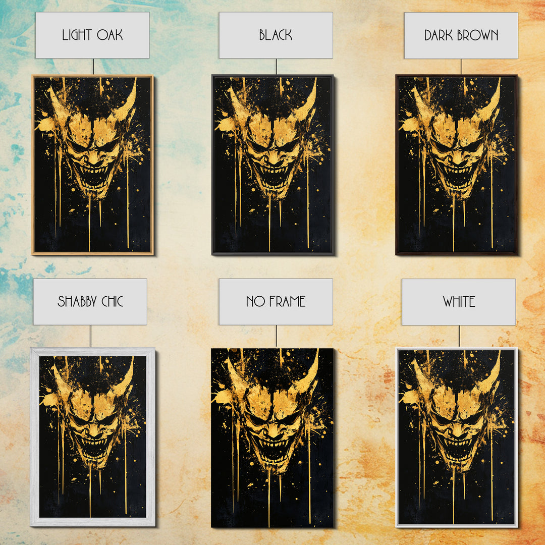 Demonic Splatter Mask Gold Canvas Print, Fierce Abstract Face Art, Bold Horror Inspired Wall Decor, Real Wood Frame