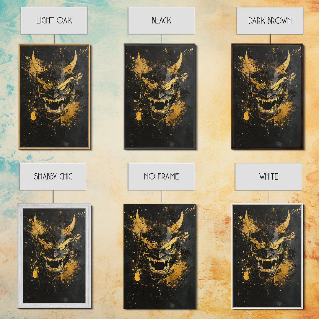 Oni Demon Mask Gold Canvas Print, Japanese Inspired Splatter Artwork, Fierce Mythical Wall Decor, Real Wood Frame