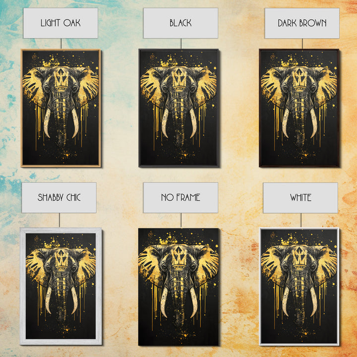 Royal Elephant Gold Canvas Print, Splatter Style Tribal Artwork, Majestic Animal Wall Decor, Real Wood Frame