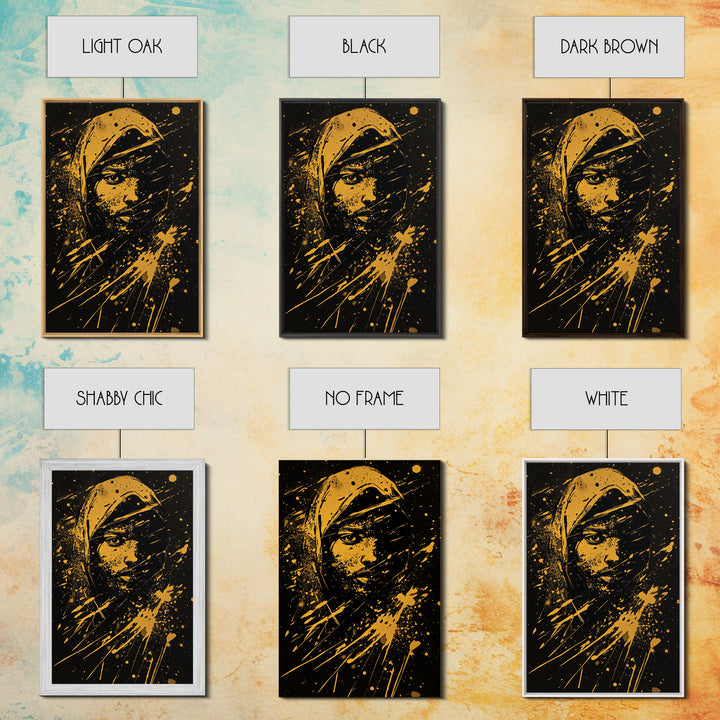 Golden Veiled Portrait Gold Canvas Print, Abstract Female Art, Splatter Style Ethereal Face Artwork, Real Wood Frame Decor