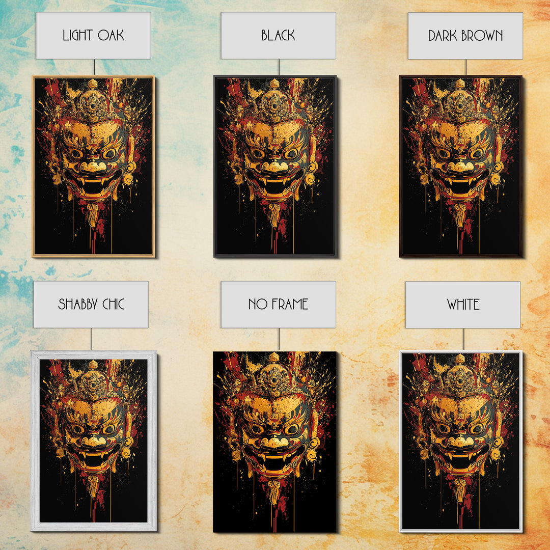 Fierce Mythic Mask Gold Canvas Print, Splatter Style Tribal Face Art, Bold Ancestral Artwork, Real Wood Frame Wall Hanging