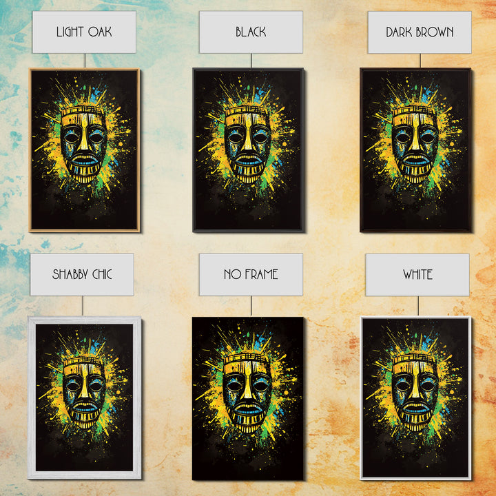 Vibrant Tribal Mask Gold Canvas Art, Ethnic Splatter Style Face Print, Colorful Abstract Wall Decor, Real Wood Frame