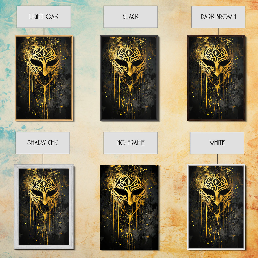 Celtic Knot Mask Gold Canvas Art, Intricate Tribal Inspired Design, Abstract Splatter Wall Decor, Real Wood Frame