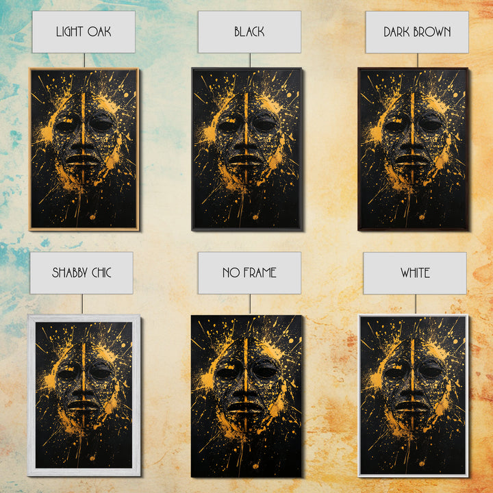 African Tribal Mask Gold Canvas Print, Bold Face Art, Splatter Style Ethnic Wall Decoration, Real Wood Frame
